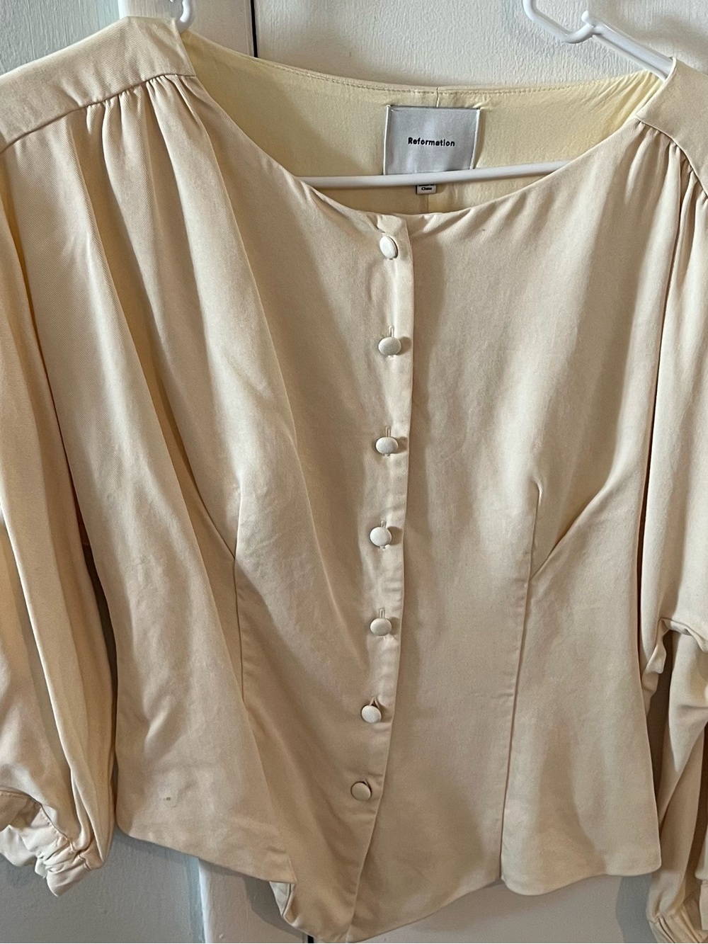 Reformation Cream Button-Front Peasant Blouse